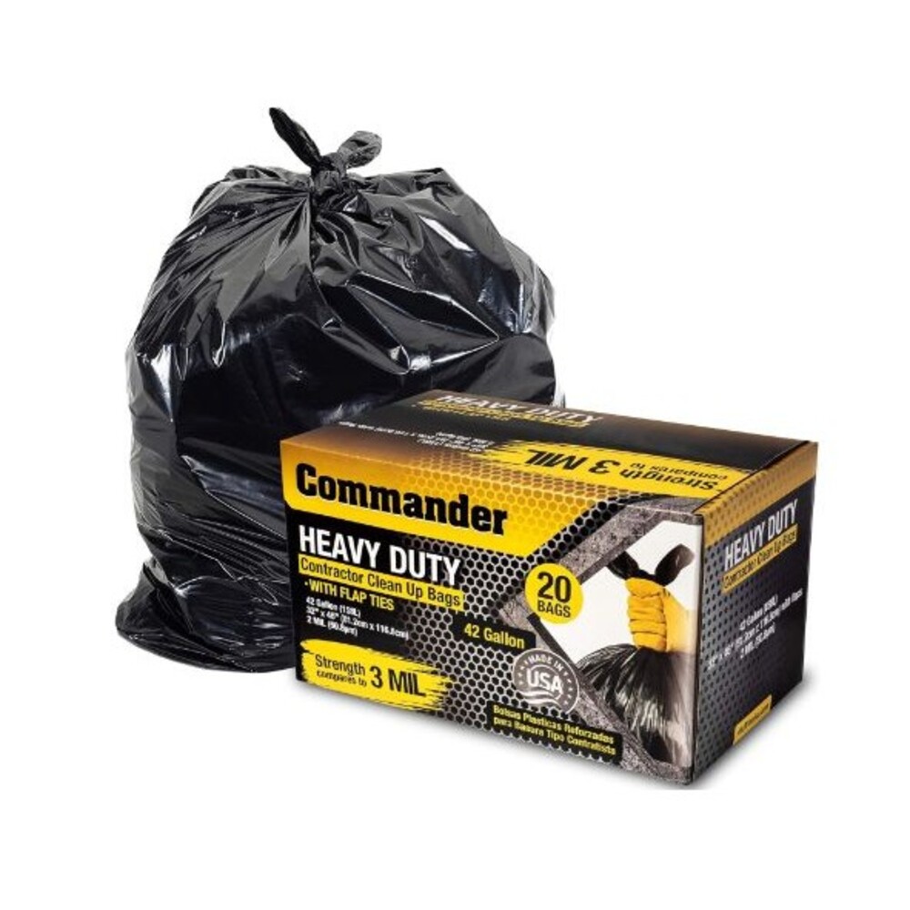 Heavy Duty Contractor Bags 42 Gallon 20-Pack Commander 3 MIL 32" x 46" Flap Ties